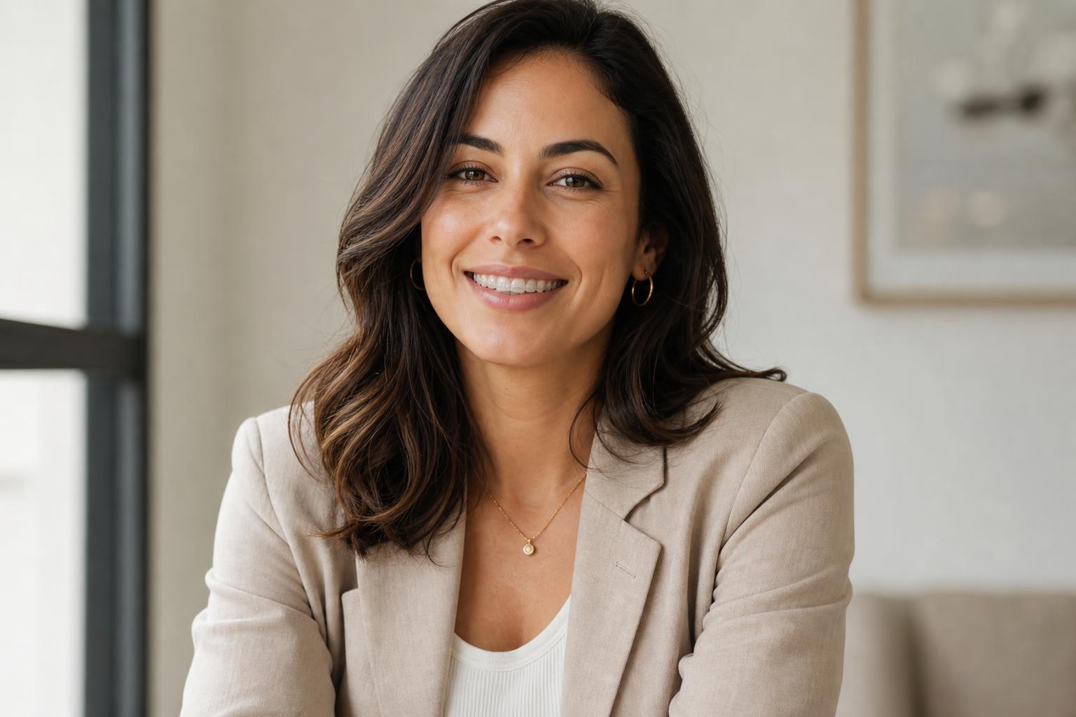 Confident adult woman smiling softly in natural daylight