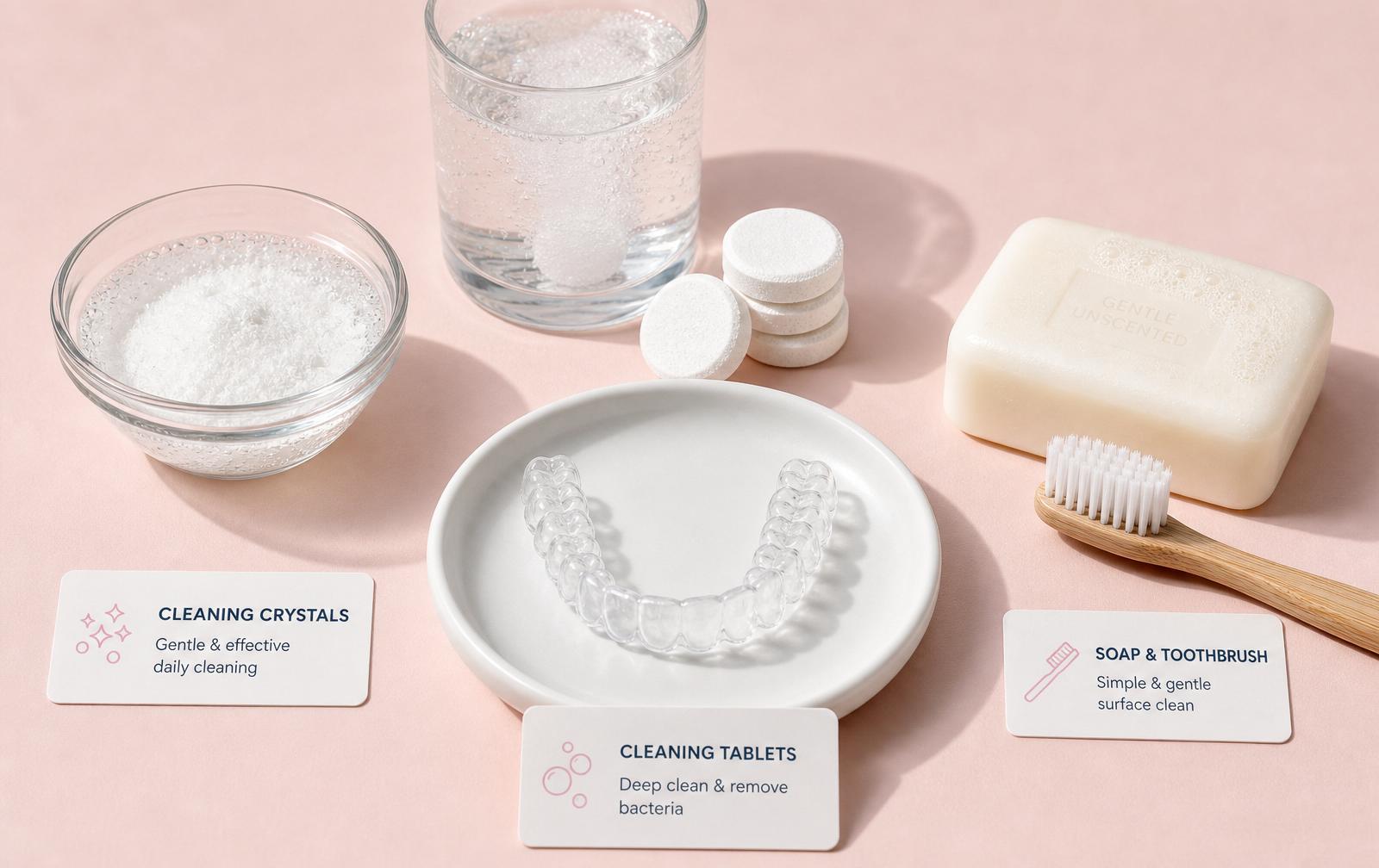 Row of unbranded dental cleaning bottles and tablets on a marble surface