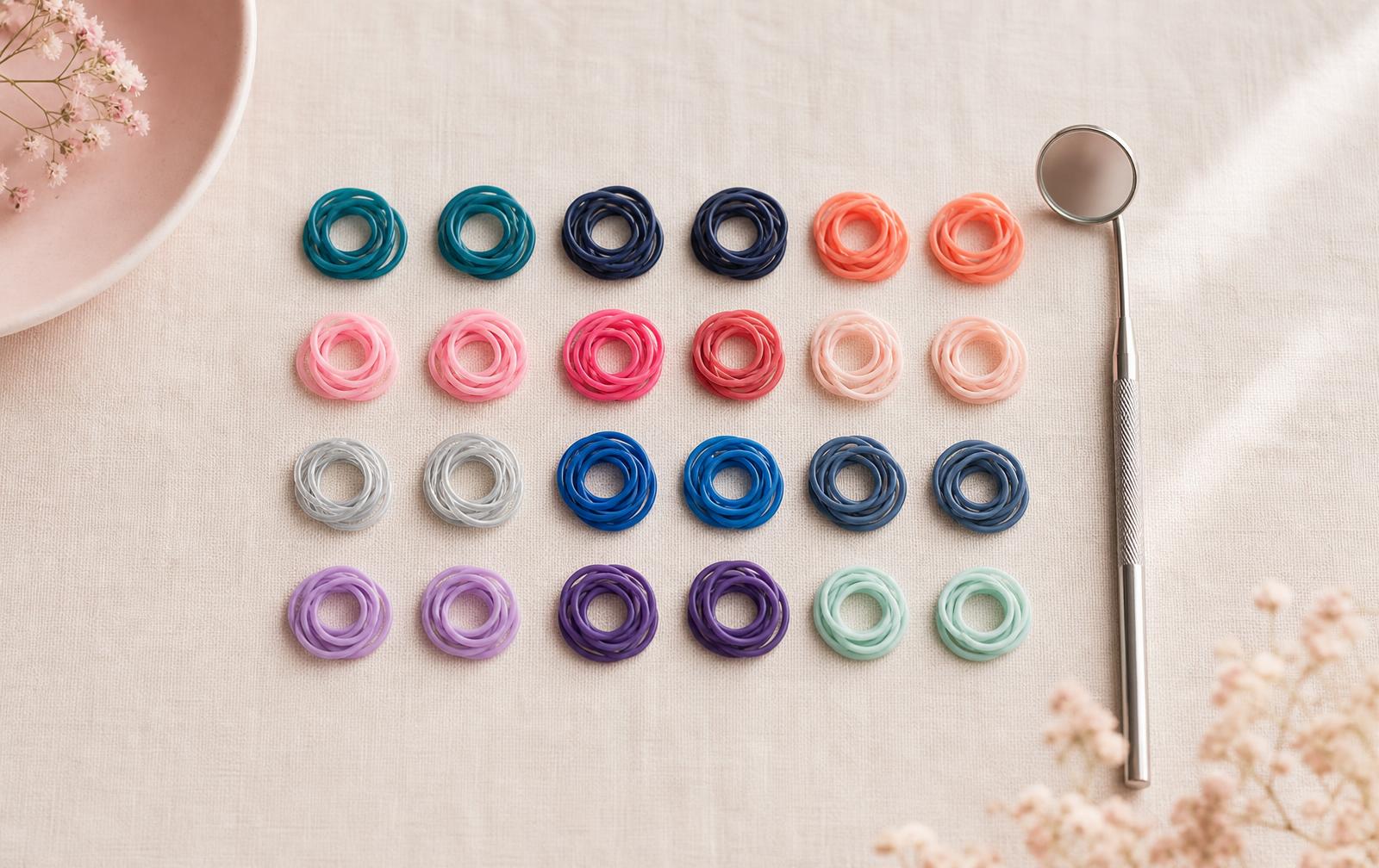 A tidy grid of coloured orthodontic elastic bands in teal, navy, coral, pink, silver, purple and mint on pale linen beside a dental mirror