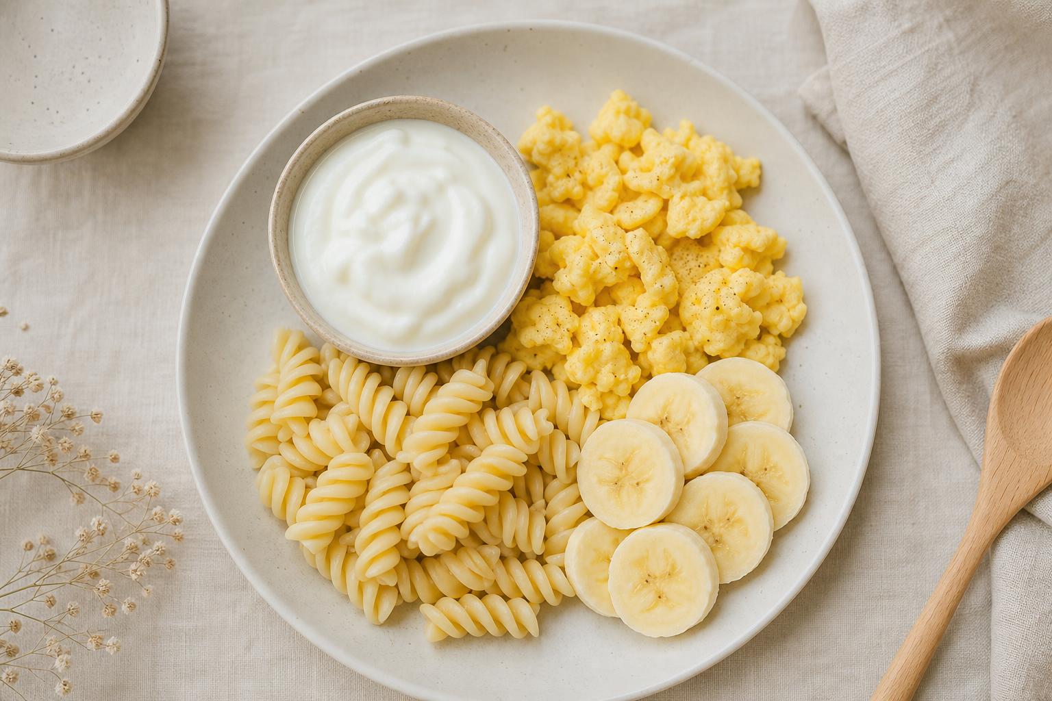 Soft brace friendly foods arranged on a clean kitchen surface