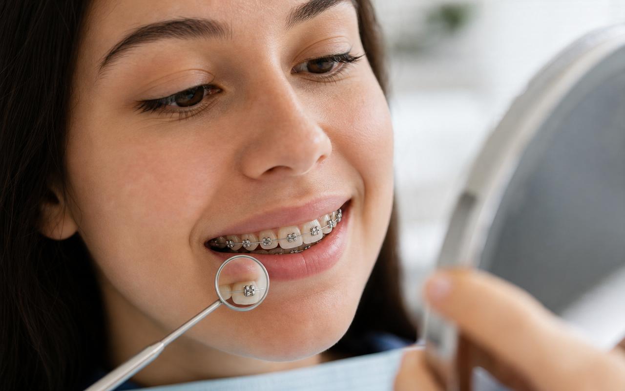 Young adult examining metal braces in a small handheld mirror with a slightly loose front bracket visible