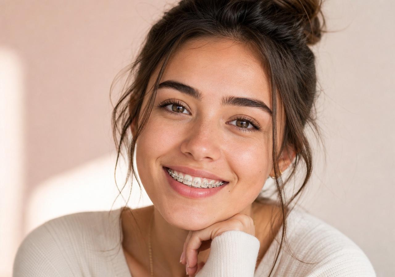 Young adult smiling naturally with tooth coloured ceramic braces on the upper teeth in soft natural light