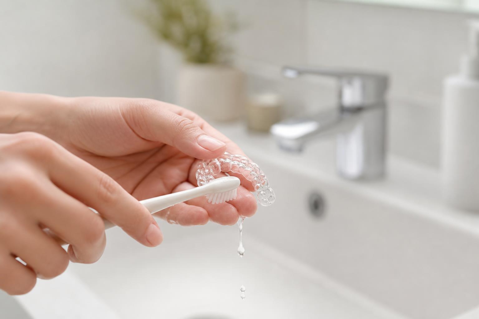 Clear aligner trays beside a soft toothbrush on a clean surface