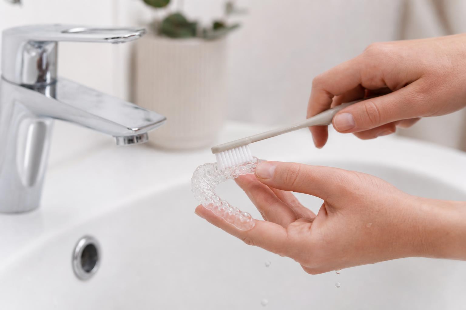 Clear retainer being rinsed under soft water