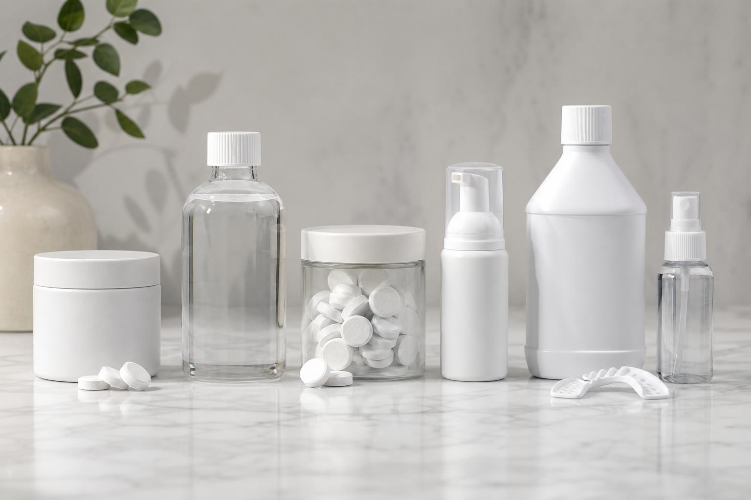 Row of unbranded dental cleaning bottles and tablets on a marble surface
