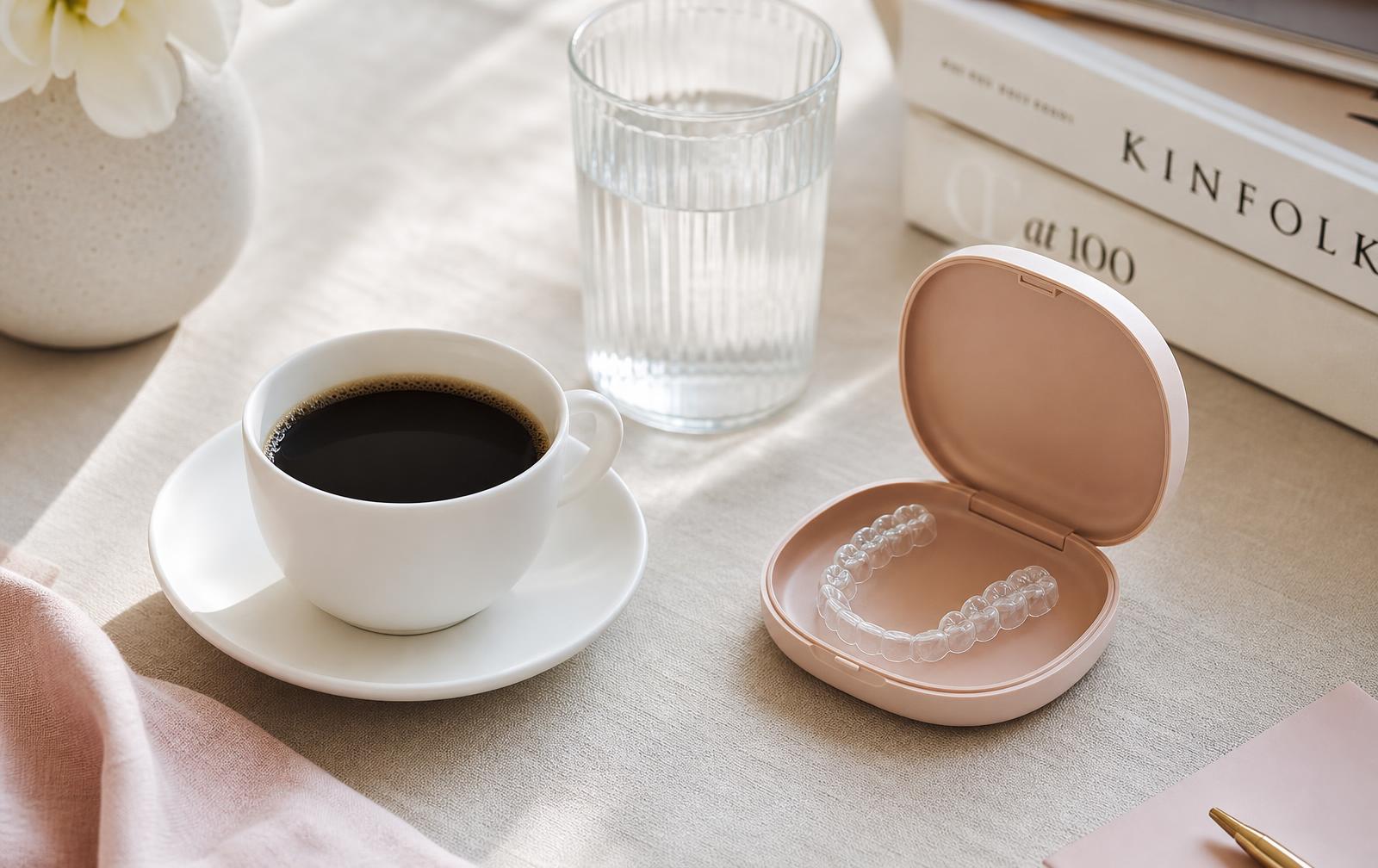 A white cup of black coffee on a saucer beside a clear aligner tray in an open case on a pale linen surface
