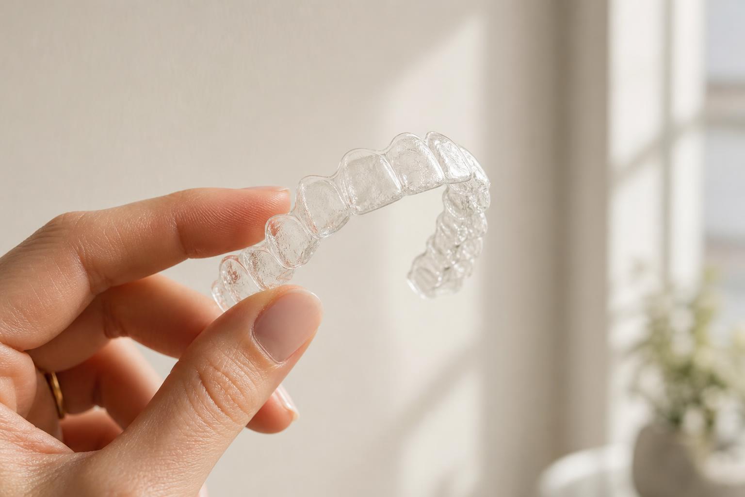Hand holding a clear Invisalign aligner tray in natural light