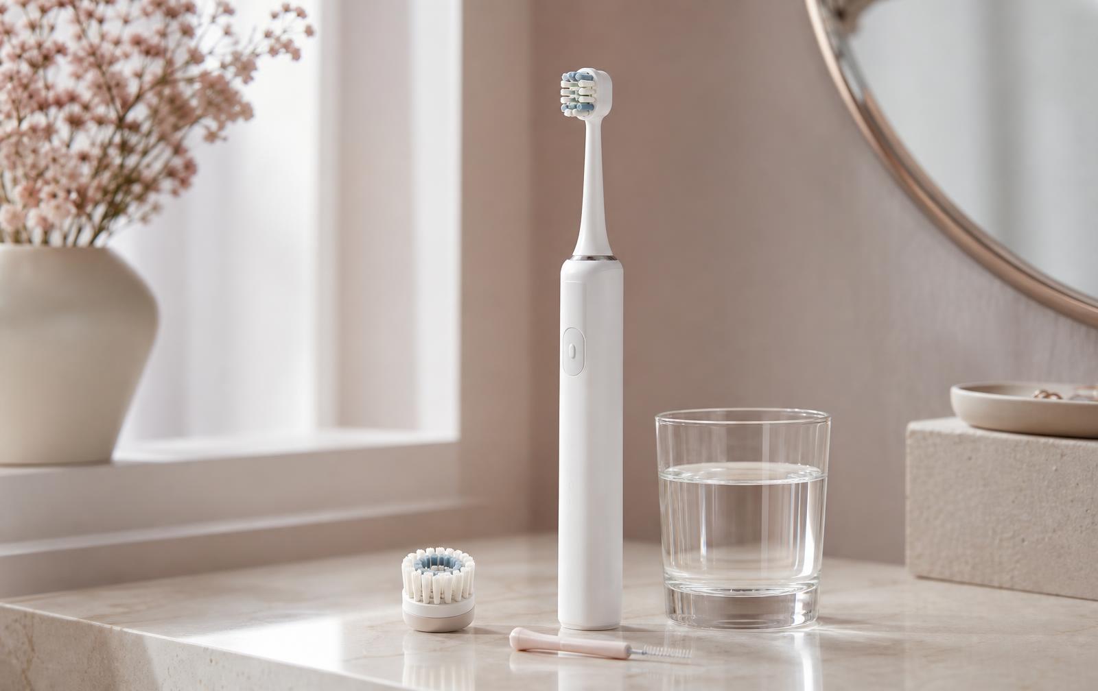 A white electric toothbrush standing on a cream marble bathroom counter beside a spare round brush head, a small interdental brush and a glass of water