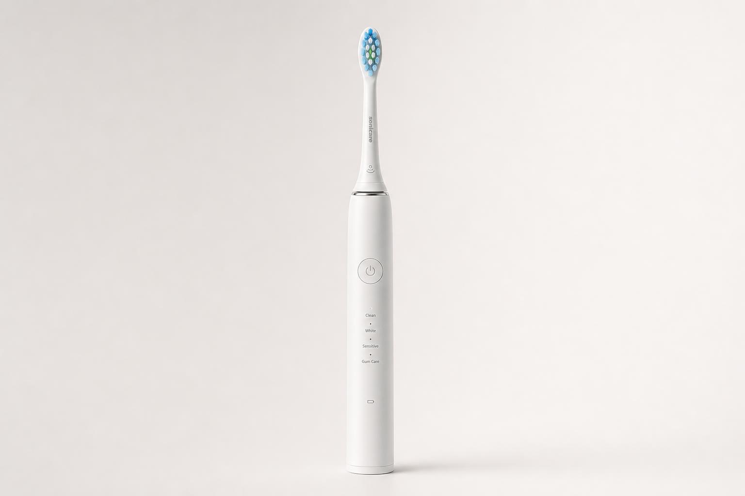 Electric toothbrush with a clean white handle photographed on a neutral background