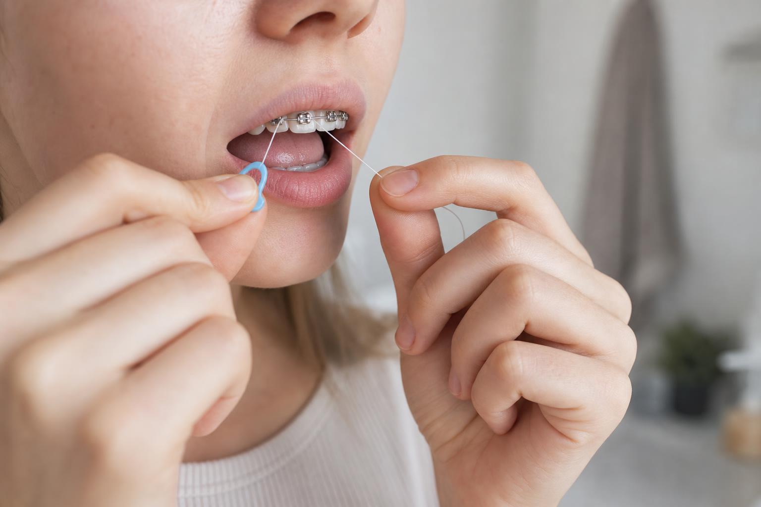 Person flossing teeth with a threader around braces