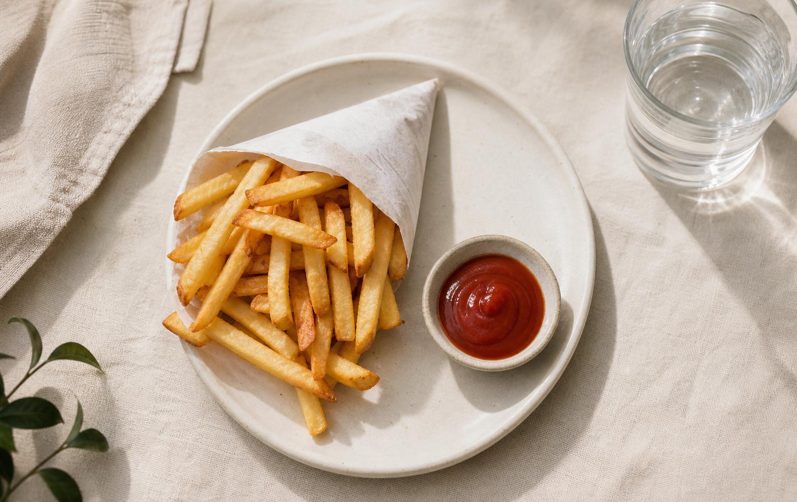 Paper cone of soft golden French fries on a cream ceramic plate with a small dish of ketchup