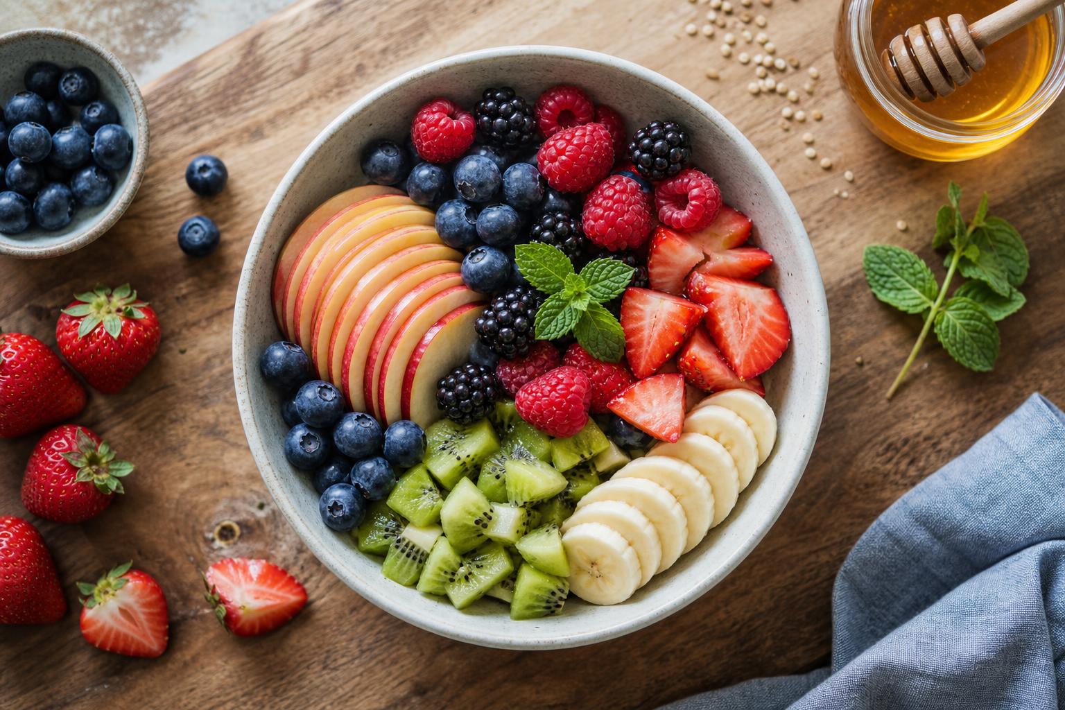 Overhead bowl of fresh berries, kiwi and banana slices on a wooden board