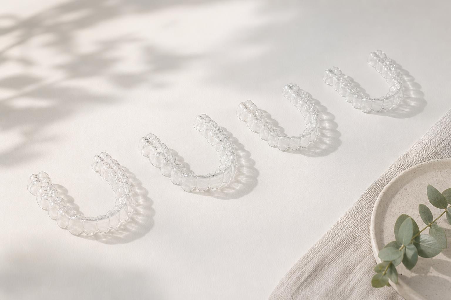 Series of clear aligner trays arranged in progression on a soft surface