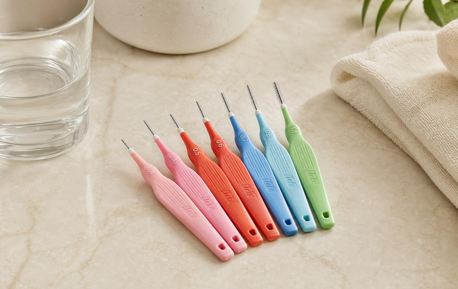 A fan of colour coded interdental brushes in seven sizes laid on a cream marble bathroom counter beside a glass of water and a folded towel