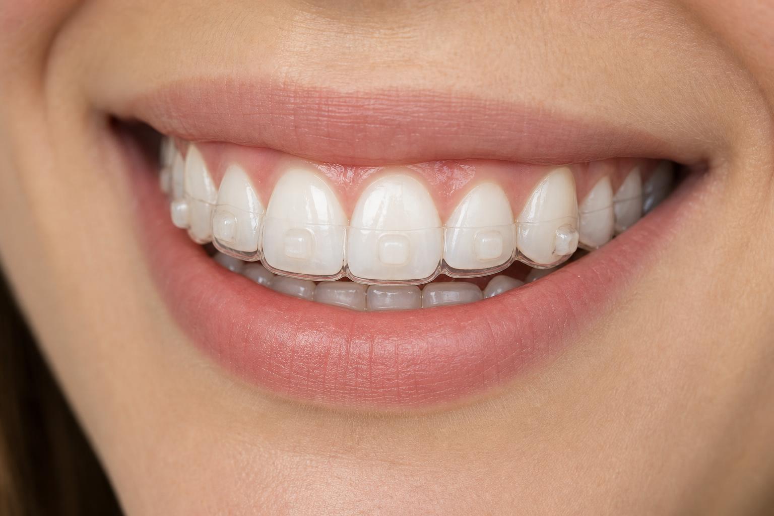 Close up of small tooth coloured composite attachments bonded to front teeth beneath a clear Invisalign aligner