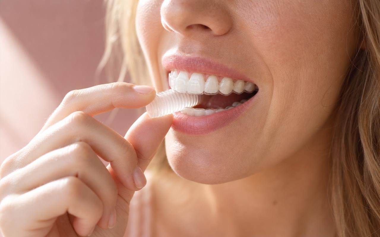 Close up of an adult biting on a small clear silicone Invisalign chewie roll with a clear aligner tray visible on the teeth