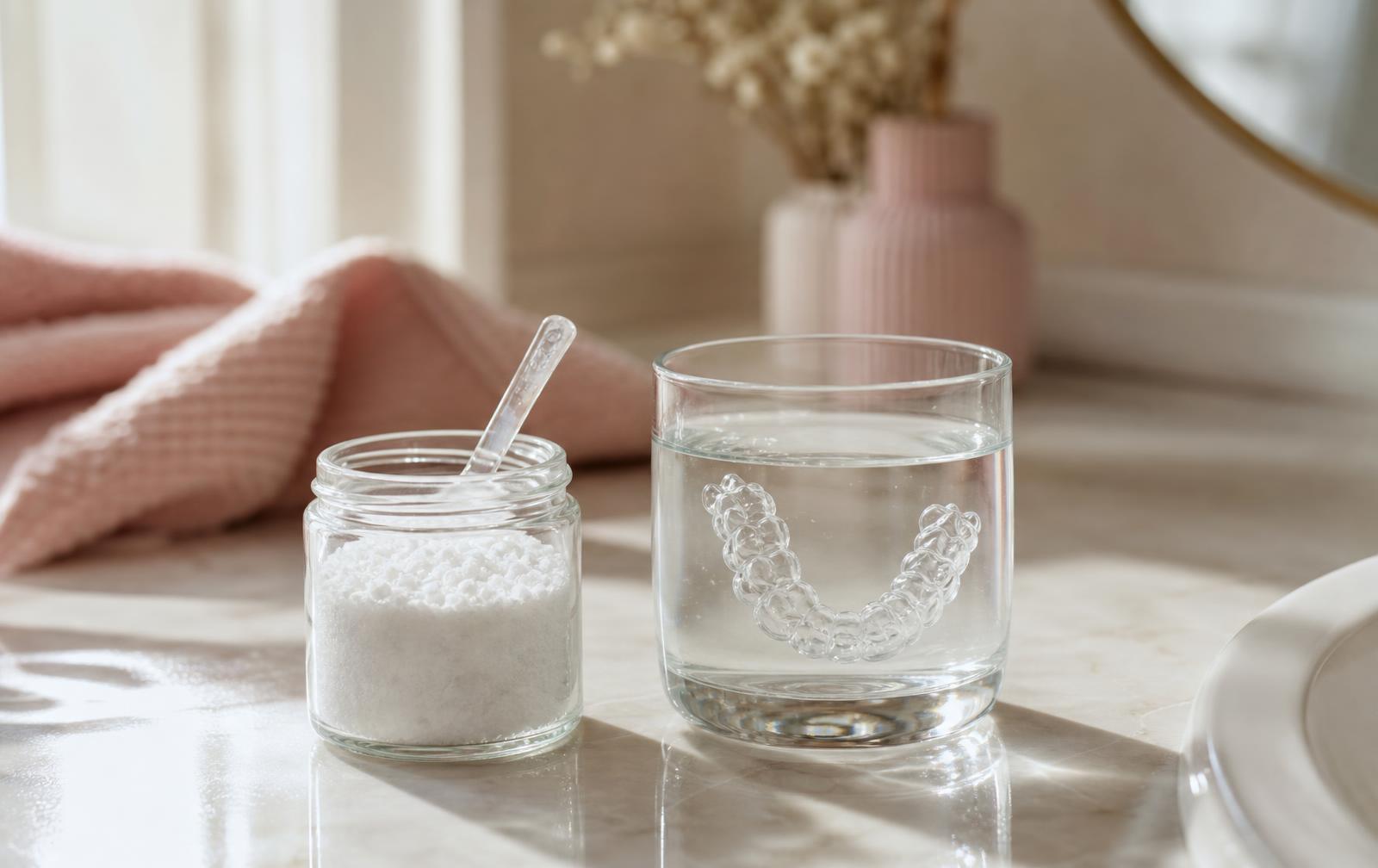 A small glass jar of white aligner cleaning crystals with a scoop beside a clear glass of water holding a soaking clear aligner tray on a cream marble bathroom counter