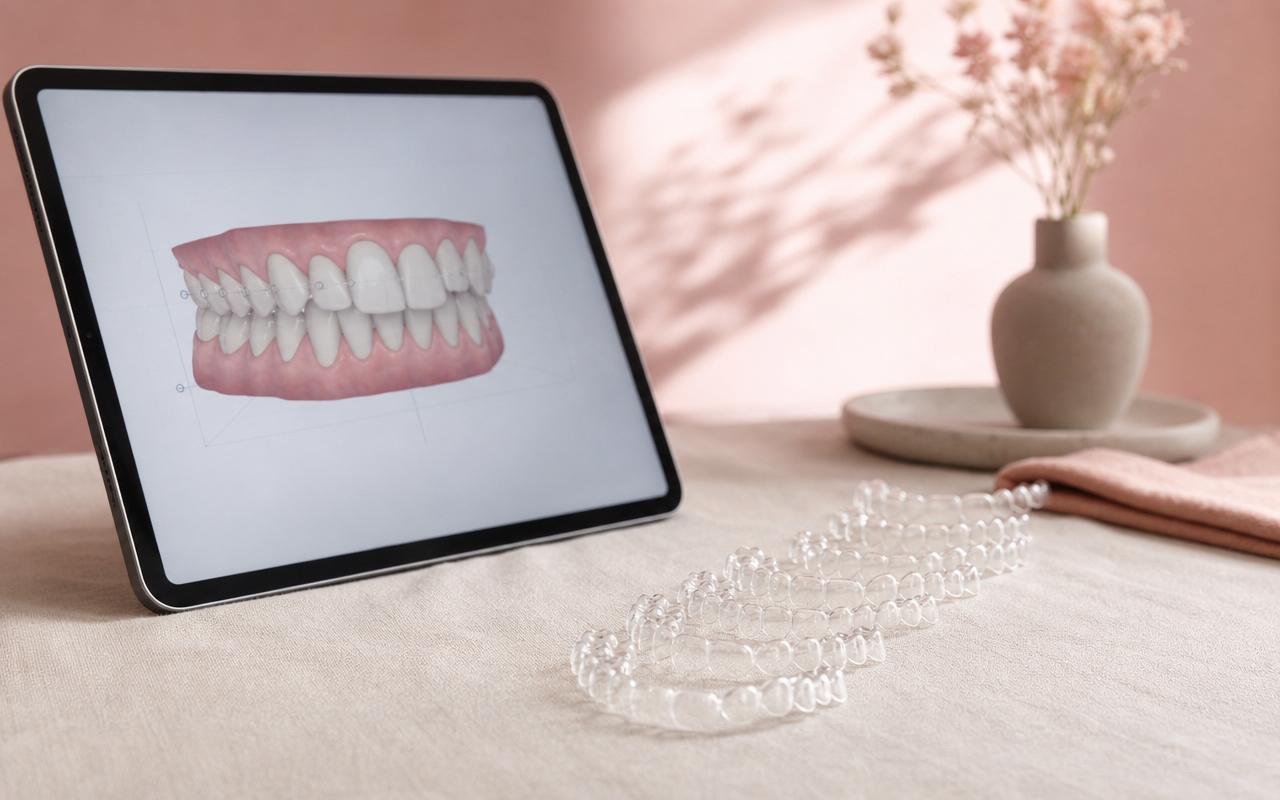A dental scanner tablet showing a 3D tooth alignment plan next to a set of clear Invisalign refinement trays on a linen surface