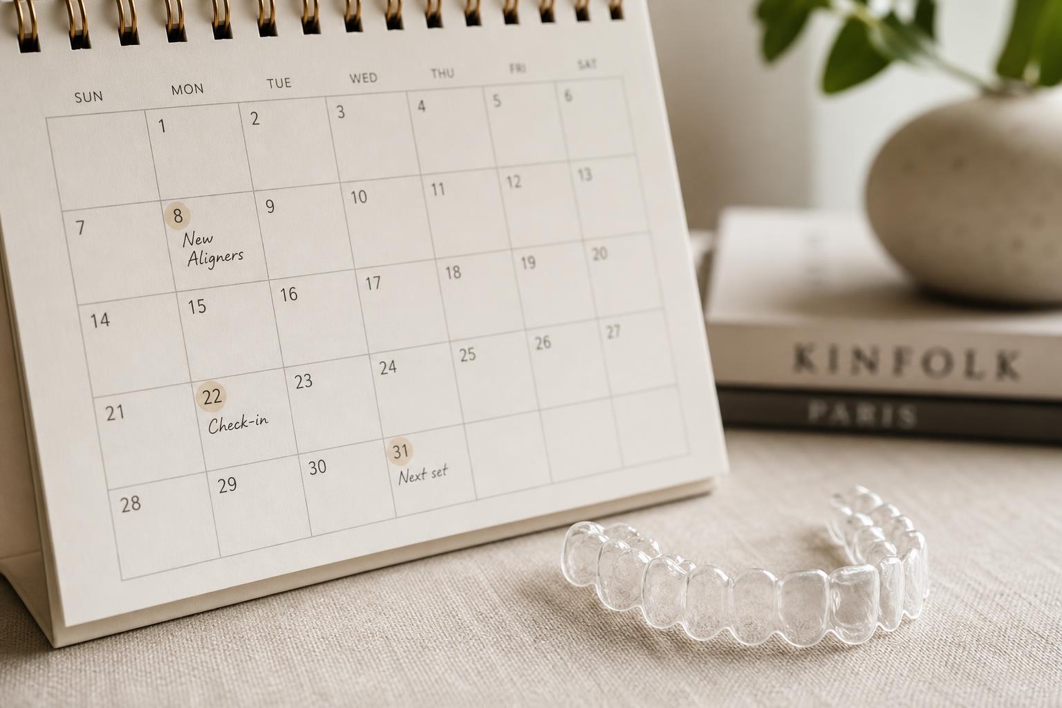 A modern calendar and a clear Invisalign aligner tray on a linen desk in soft natural light