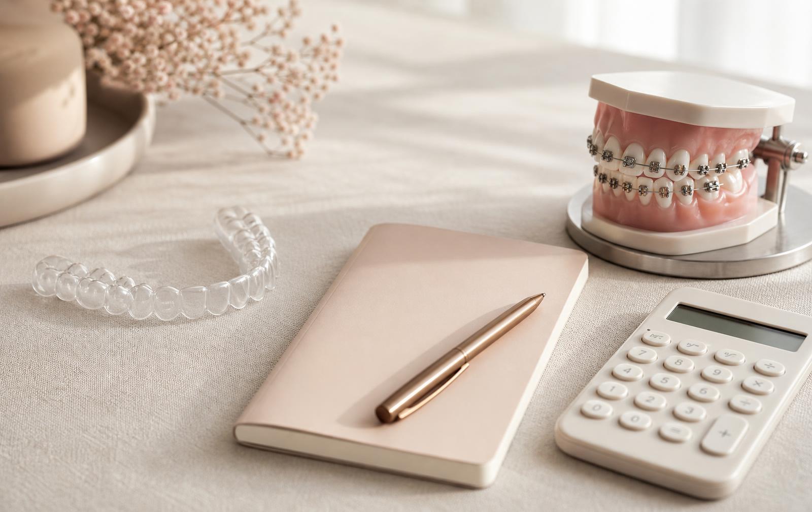 A clear aligner tray and a metal braces model either side of a notebook, pen and calculator on pale linen