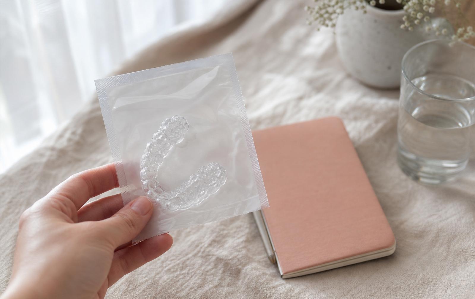 A hand holding a sealed clear Invisalign aligner tray in its pouch beside a blush notebook and a glass of water on a linen surface