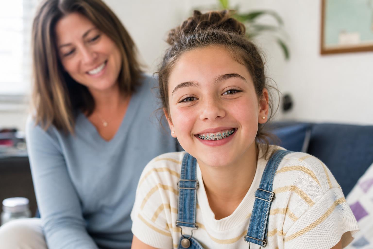 Cheerful tween with metal braces smiling with parent in soft background