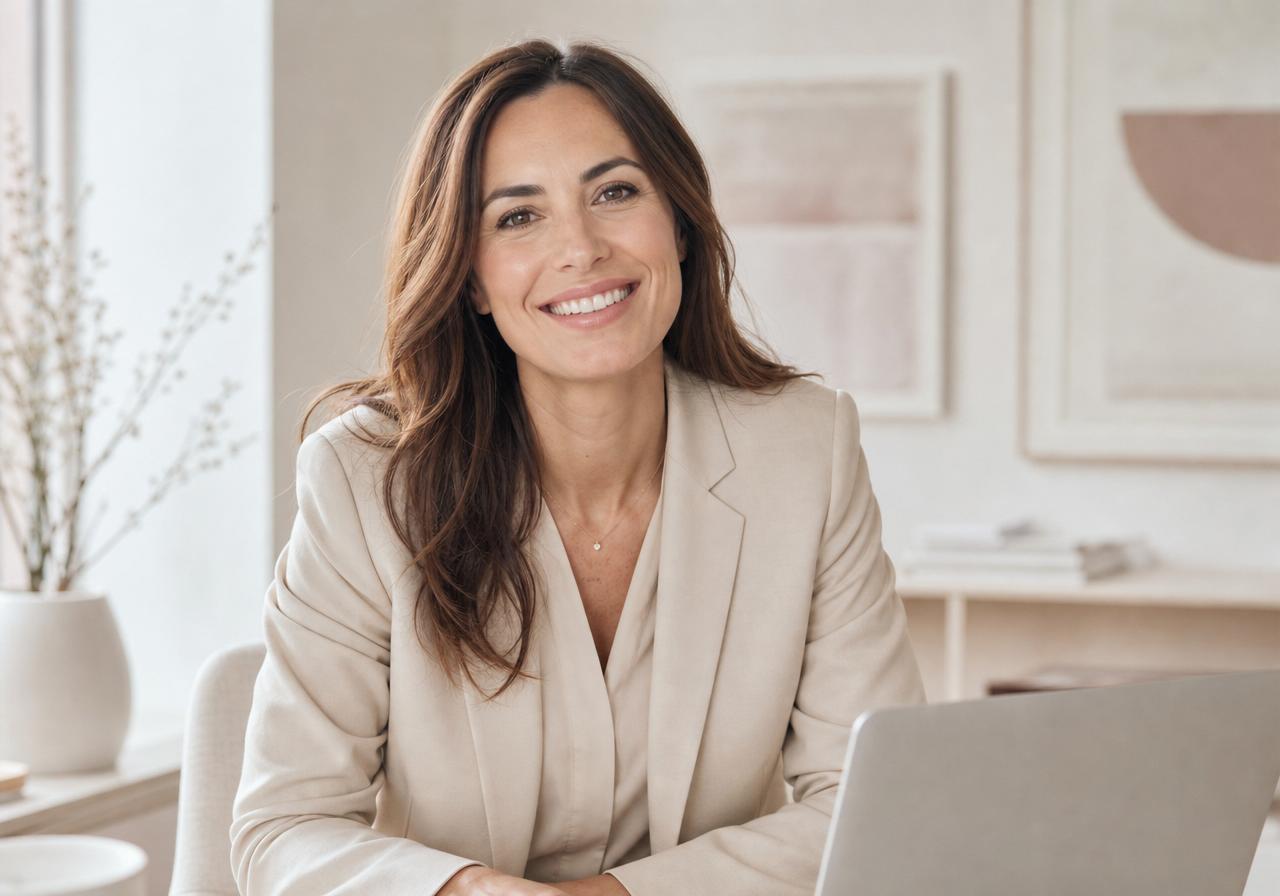 Professional adult smiling naturally with no visible braces from the front because lingual brackets sit behind the teeth