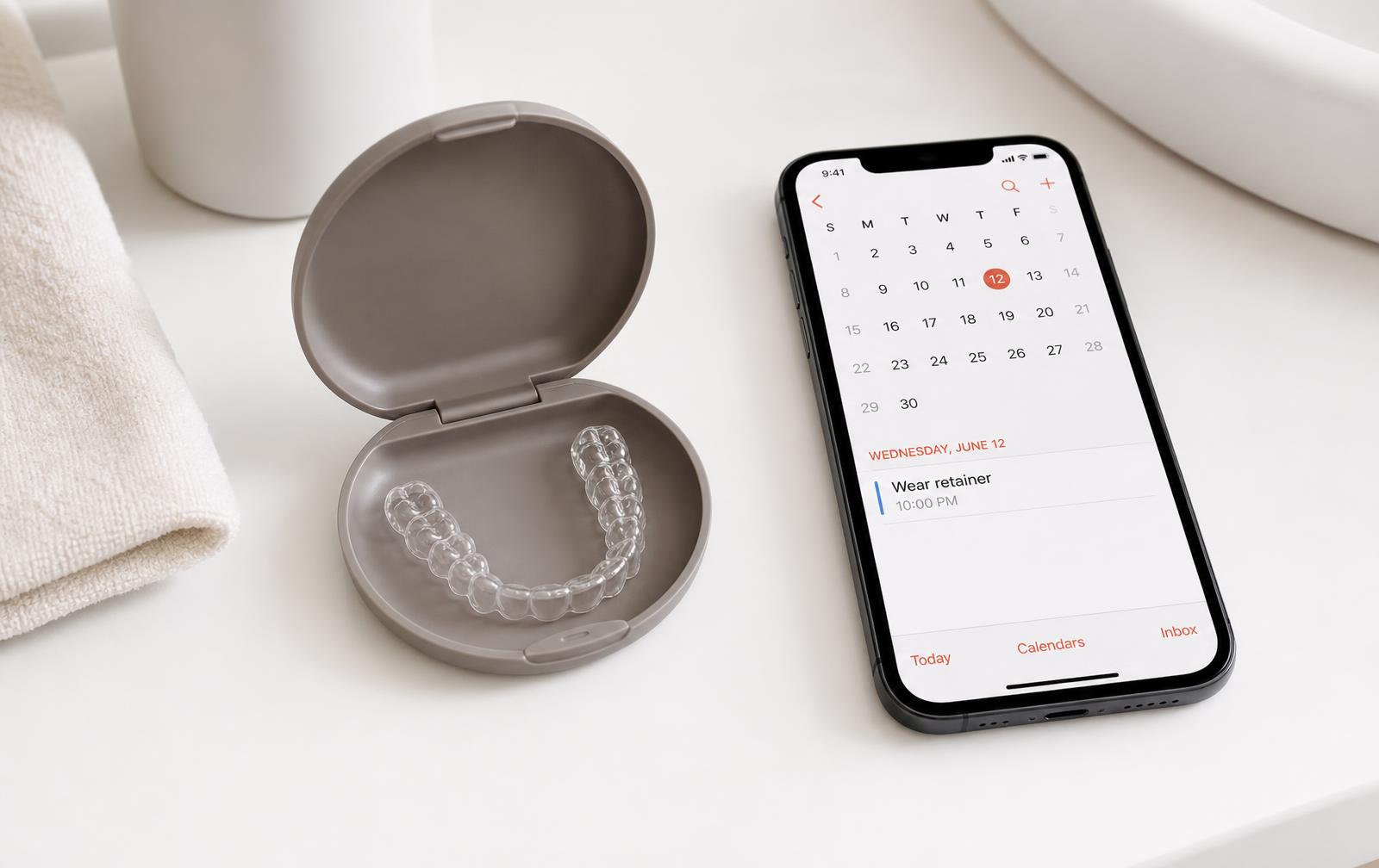 An open empty retainer case on a bathroom counter beside a phone showing a nightly retainer reminder