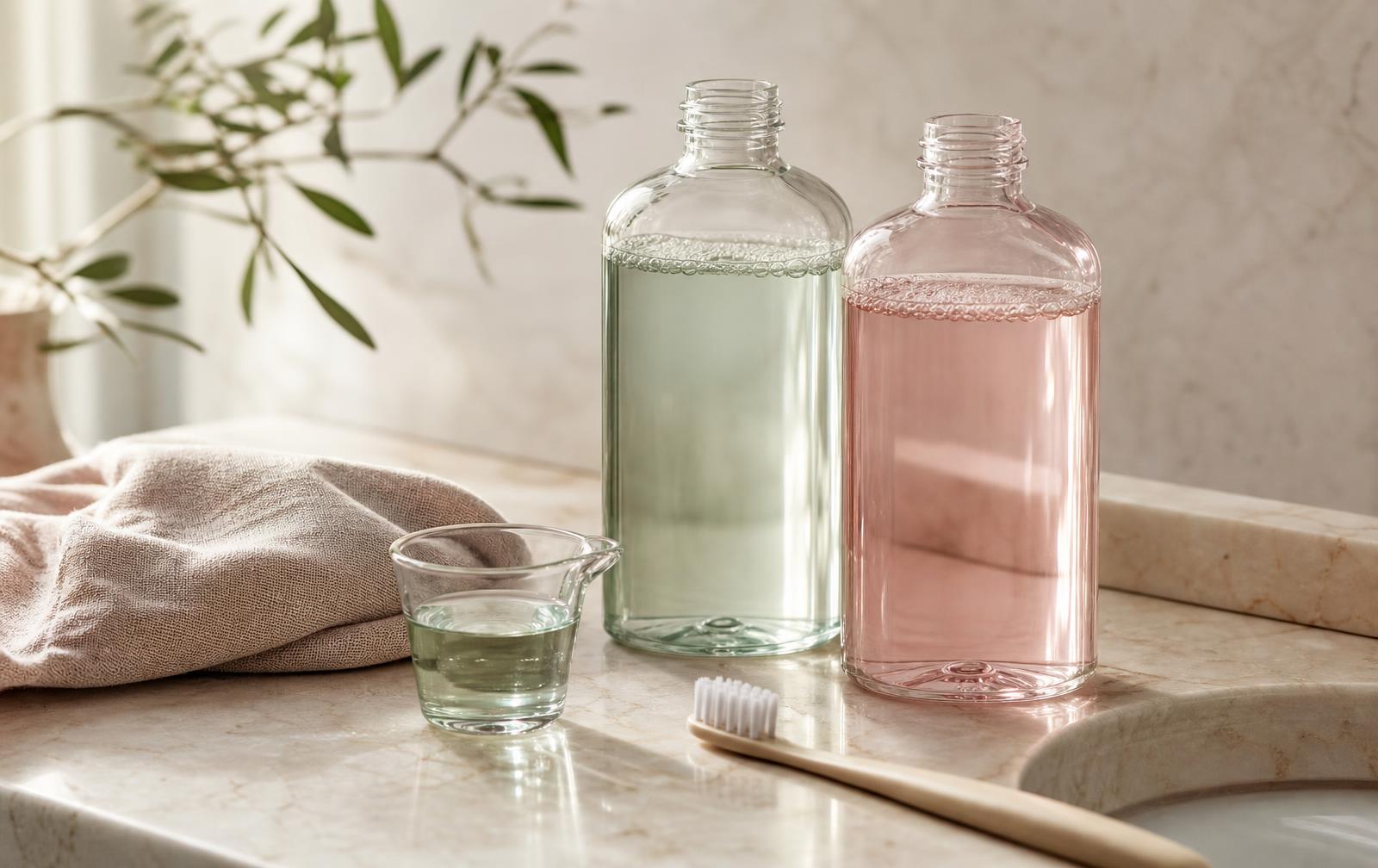 Two clear bottles of mouthwash, one pale green and one soft pink, on a cream marble bathroom counter beside a small glass of rinse and a soft toothbrush