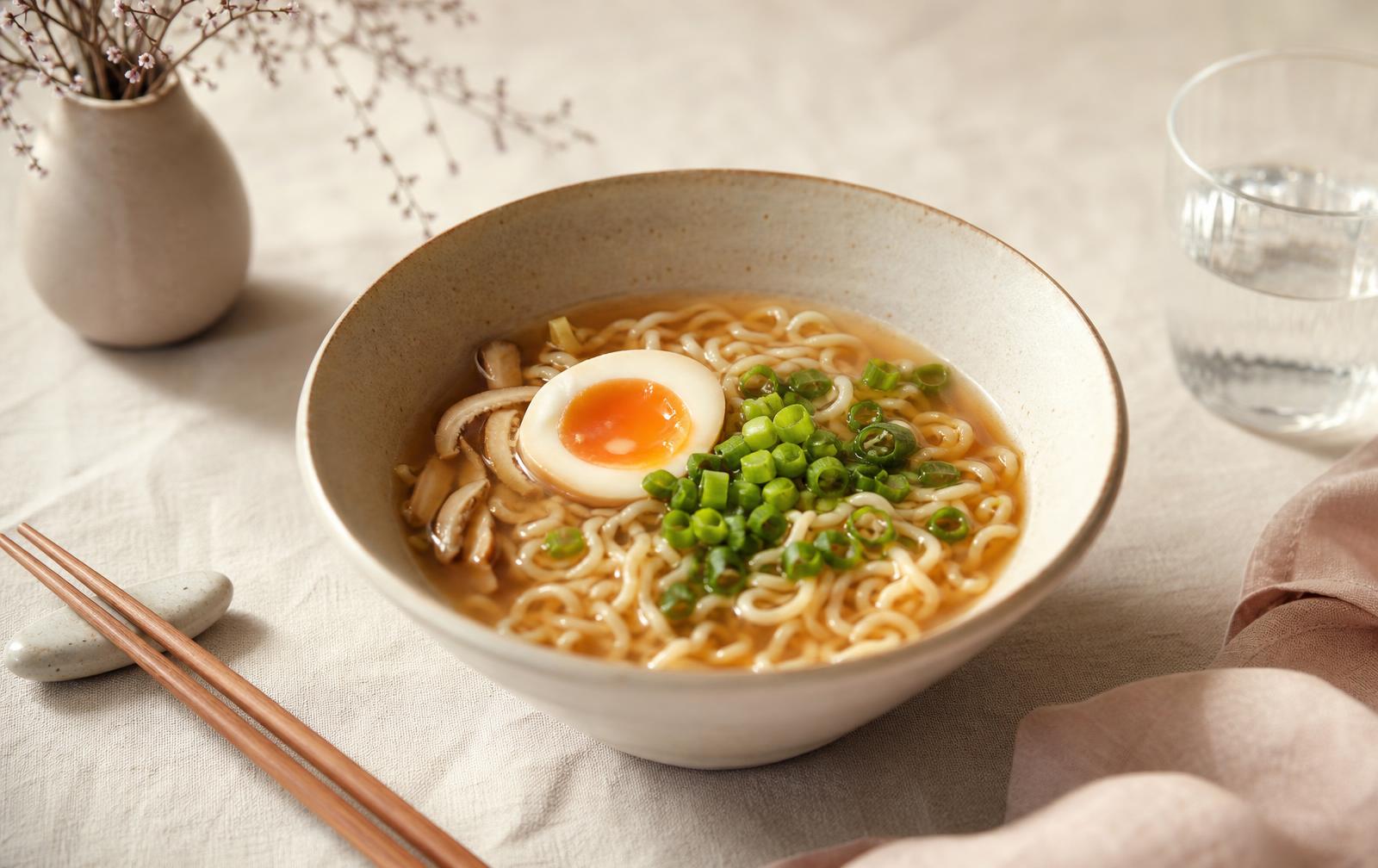 A bowl of ramen with soft noodles, a halved soft boiled egg and spring onions on a pale linen table beside chopsticks