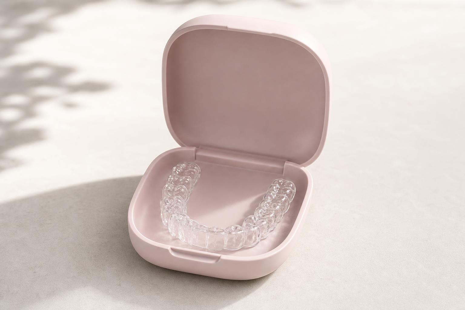 Clear Essix retainer resting inside an open blush pink carry case on a neutral surface