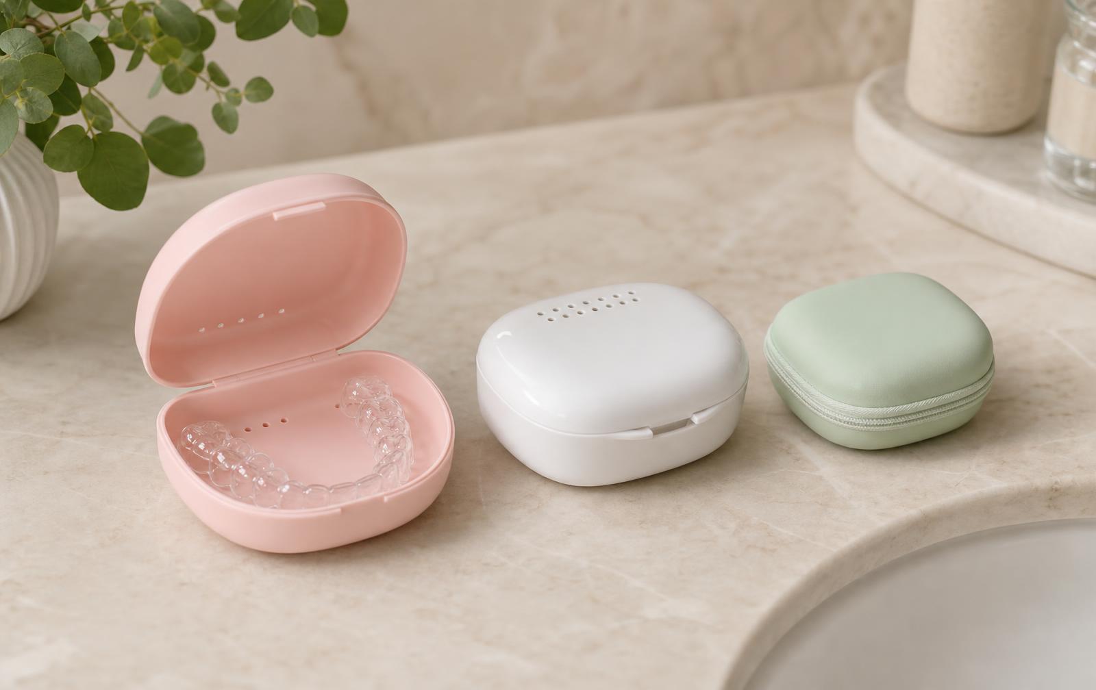 Three retainer cases on a cream marble bathroom counter, a pink vented clamshell case open with a clear retainer inside, a white vented case and a small mint green zip travel case