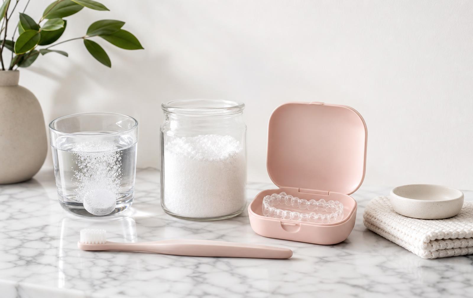 Retainer cleaning supplies on a marble counter including a fizzing tablet in a glass, a jar of cleaning crystals, a soft brush and a clear retainer in a pink case