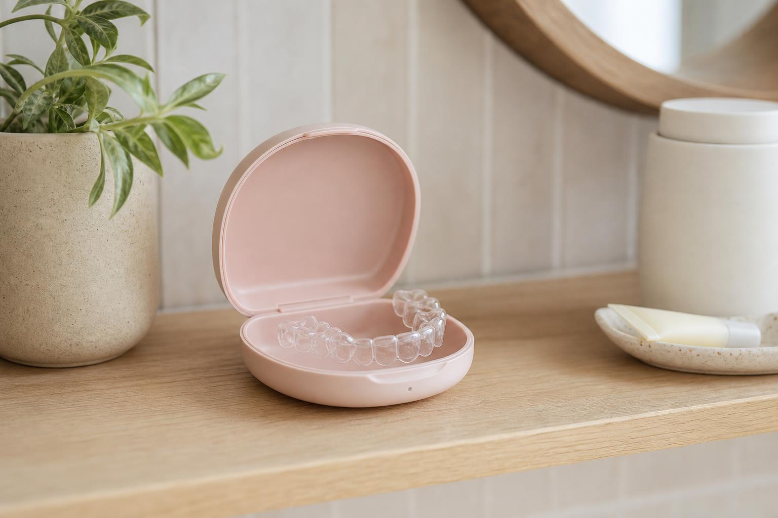 Clear retainer in an open case on a soft neutral background