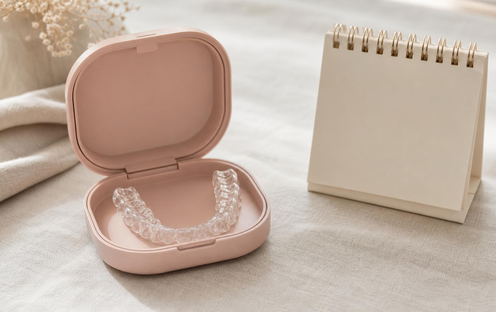 A clear removable retainer in an open blush case beside a small desk calendar on pale linen