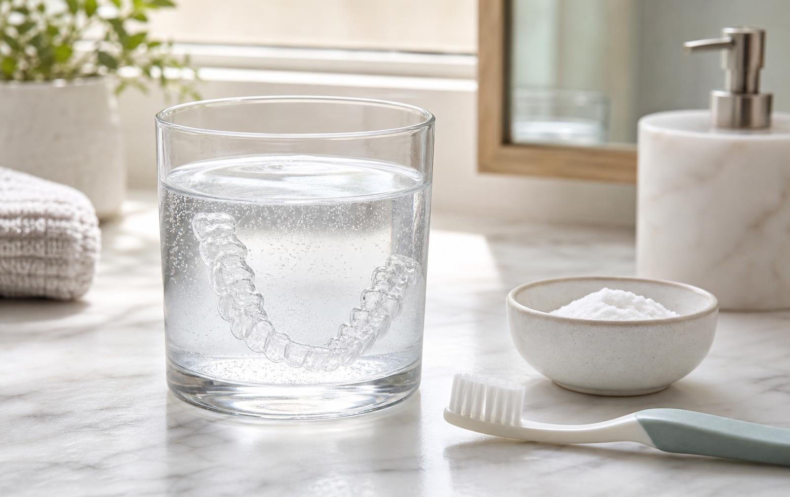 A clear retainer soaking in a glass of cleaning solution beside a soft toothbrush and a small bowl of baking soda