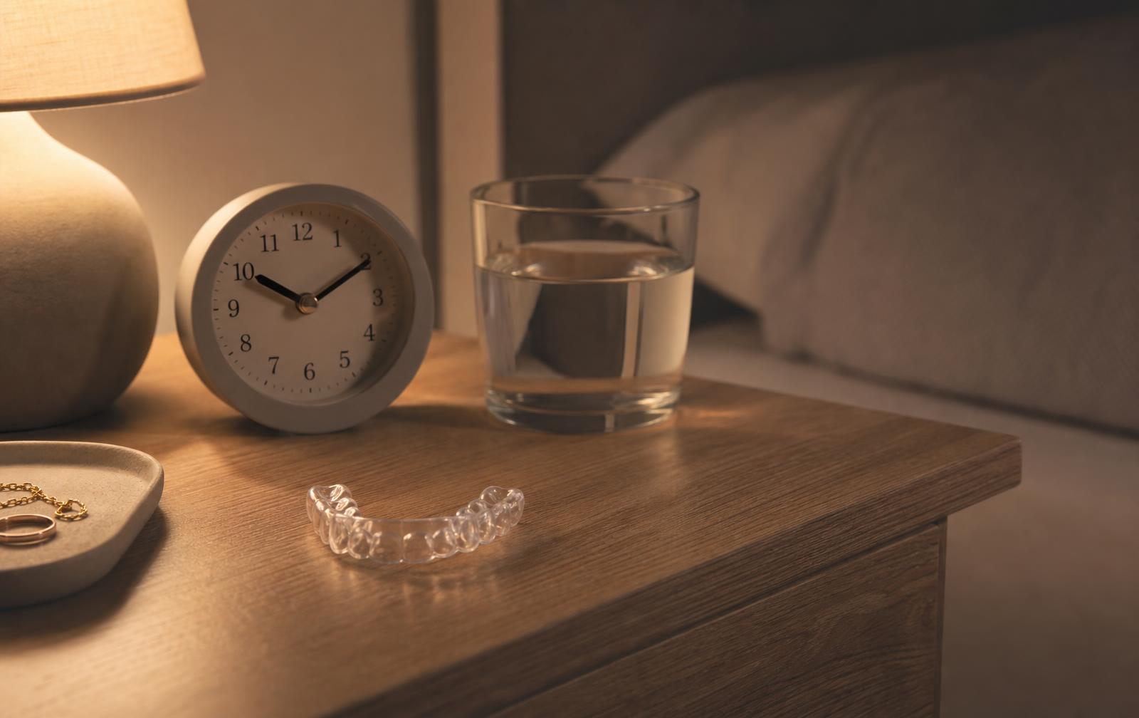 A clear retainer resting on a bedside table beside a small clock and a glass of water under warm lamp light