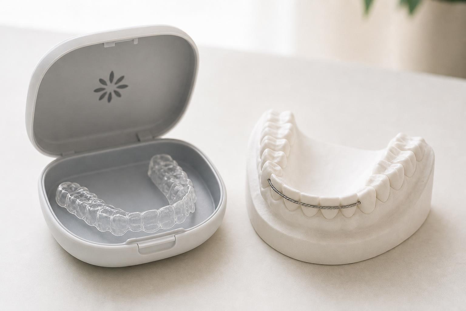 Clear retainer in case beside a dental model with bonded retainer wire