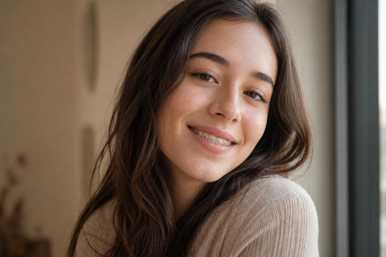 Young woman smiling softly with braces in warm natural window light