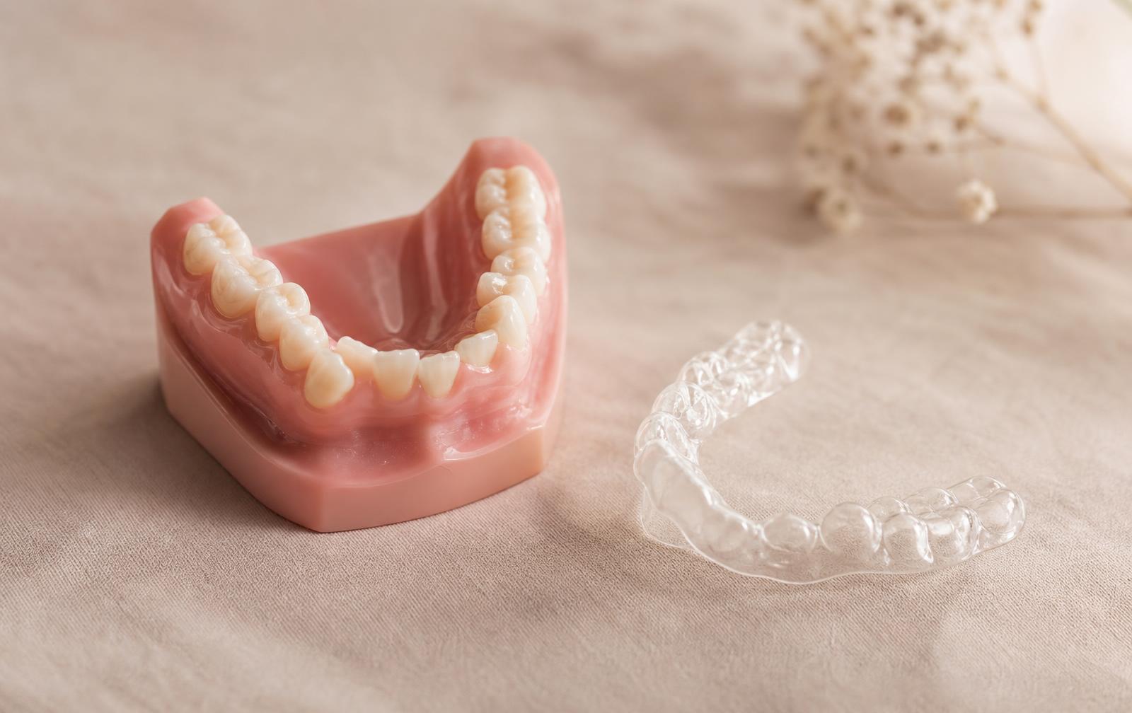 A dental study model of lower teeth with slight crowding beside a clear retainer that no longer fits neatly
