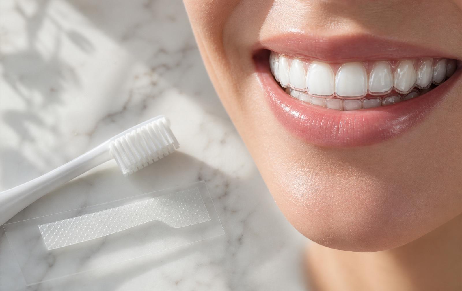 Close up of a bright natural smile with clear aligners in place beside a whitening toothbrush and a whitening strip on marble