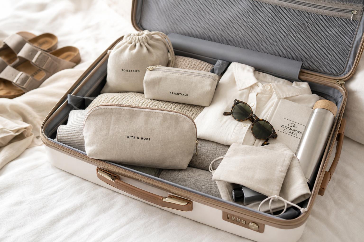 Neatly packed open suitcase with linen toiletry pouches and travel essentials