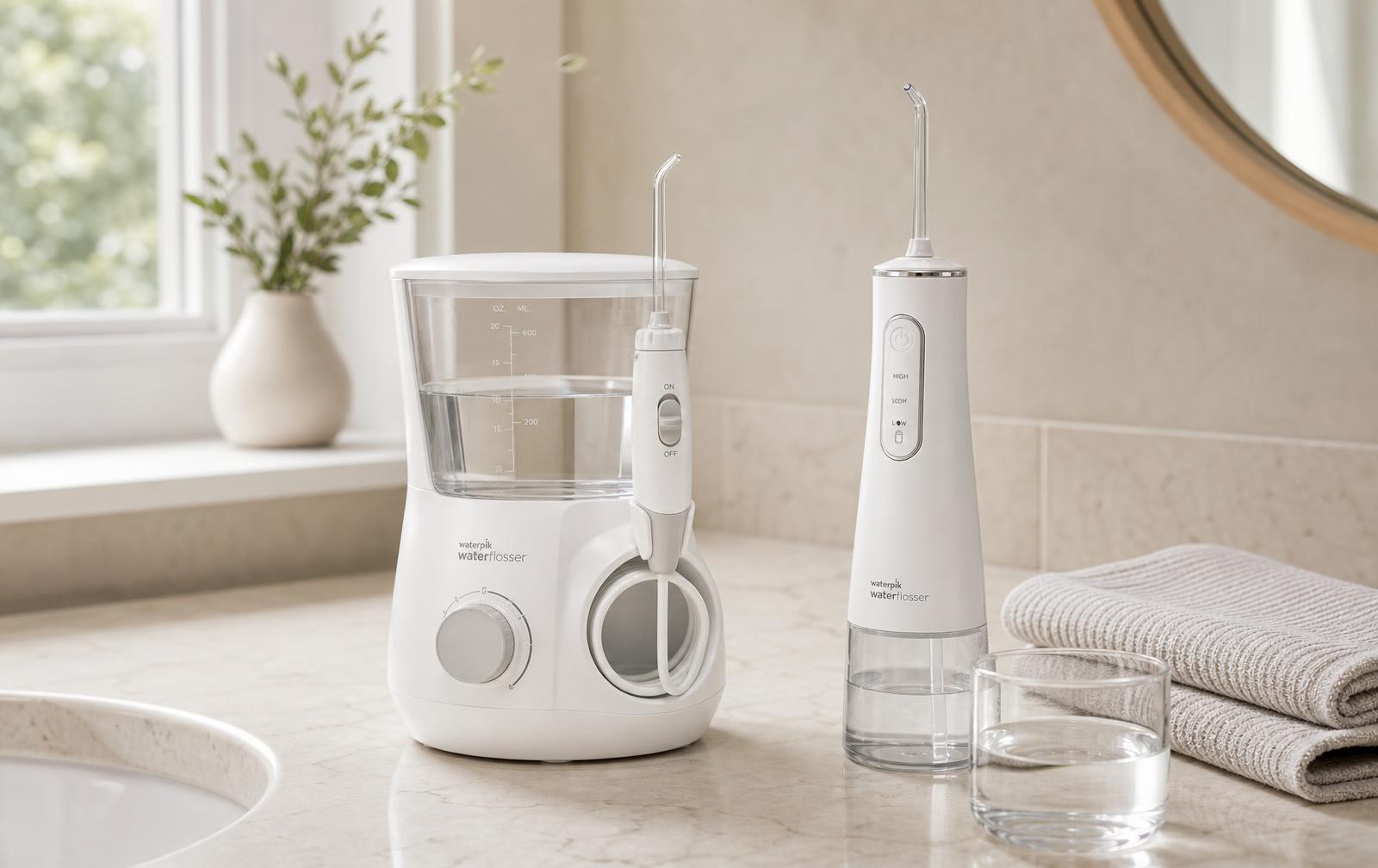 A white countertop water flosser with a full water reservoir next to a slim cordless water flosser, a folded towel and a glass of water on a cream marble bathroom counter