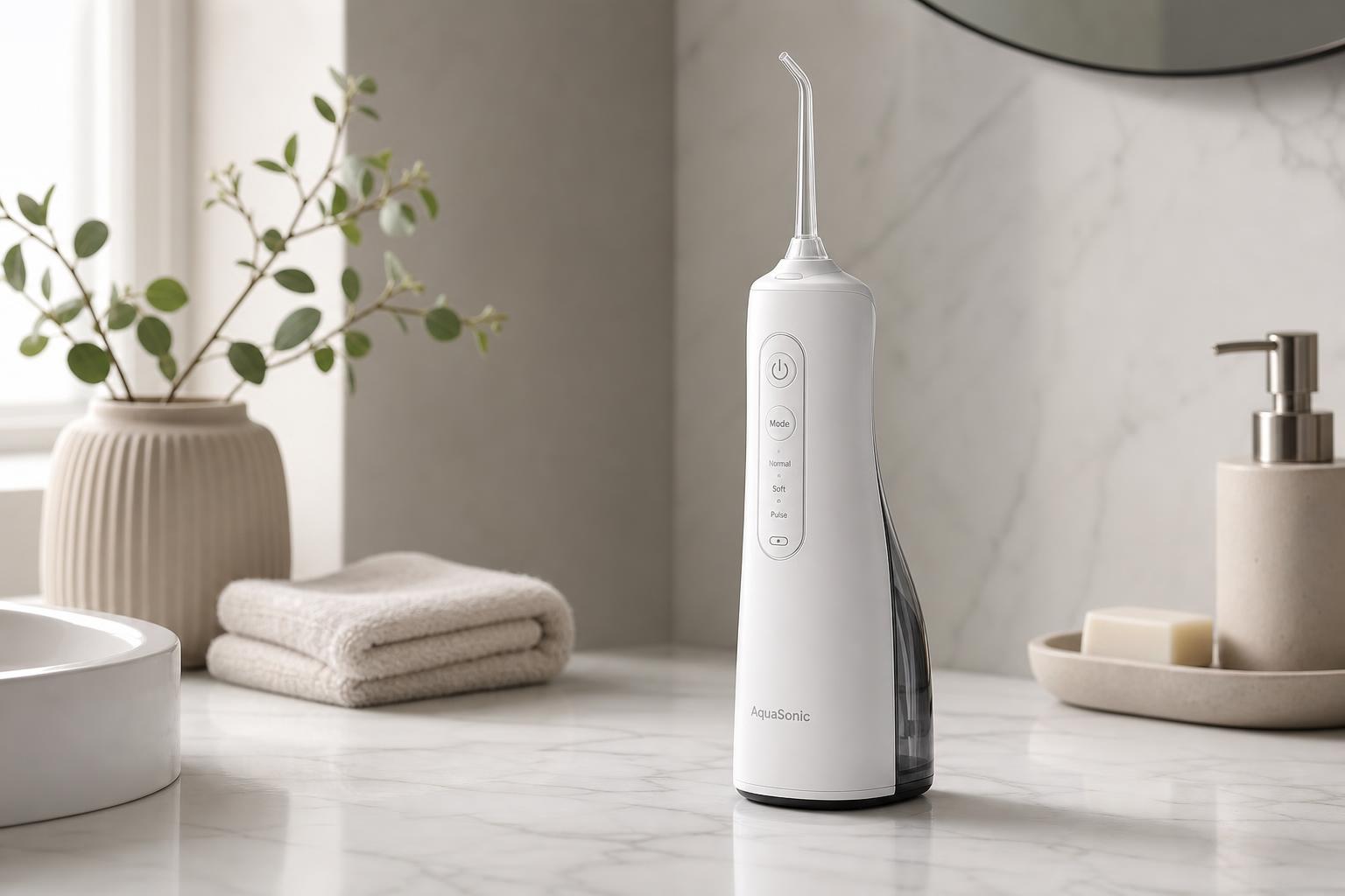 Cordless white water flosser on a marble bathroom counter beside folded towels